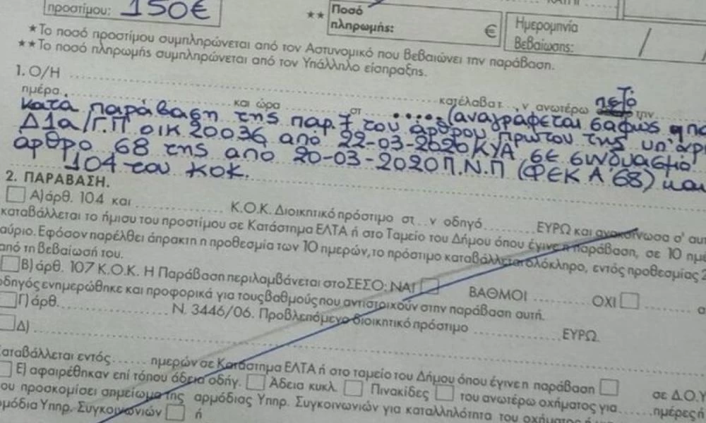 Έτσι είναι η κλήση των 150 ευρώ για άσκοπη μετακίνηση